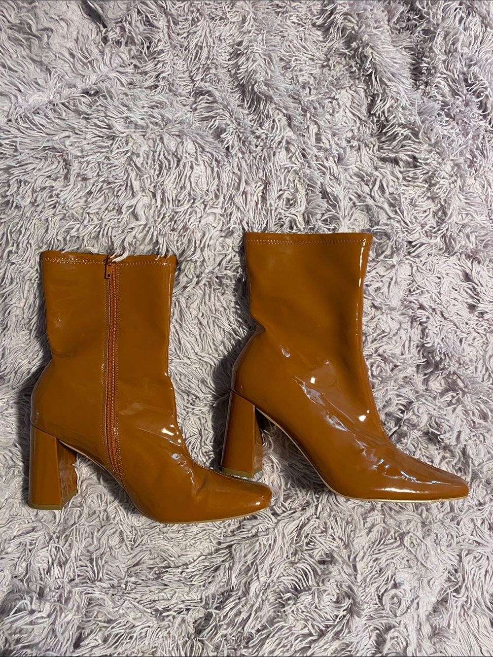 Patent Leather Mid-Calf Block Heel Boots - Tan